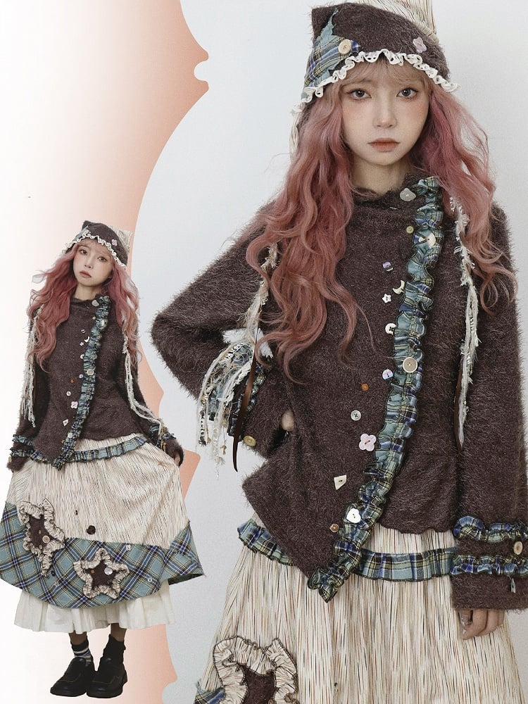 Vintage Mori Kei Brown Knit Cardigan with Green Plaid Accents & Playful Buttons