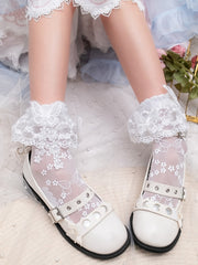 White Sweet Butterfly Print Single-layer Lace Trim Ankle Socks