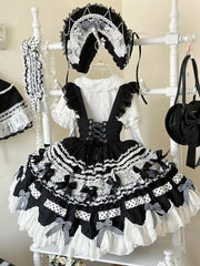 Clearance - Size M for Bust 85-92cm Black and White Old School Lolita Dress Bow Accents Scalloped Edge Trim Skirt