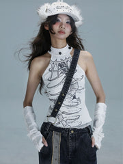 White Punk Halter Top with Spine Graphic Print & Bead Details