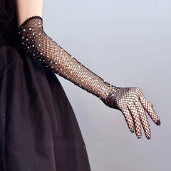 Rhinestone Decorated Fishnet Long Gloves
