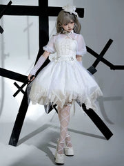 White Irregular Spider Web Overlay Shiro Gothic Lolita Dress Studs Design and Buckles