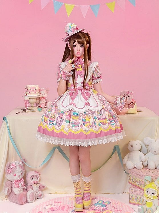 Yellow & Pink Bunny and Cupcake Print Peter Pan Collar Maid Lolita Dress