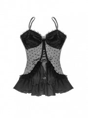 Gothic Punk Gray Polka Dot Cami Top with Lace Patchwork & Crisscross Lacing