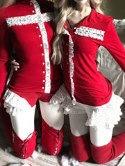 Red/White Gothic Christmas Shorts with Tiered Polka Dot Ruffles Trim