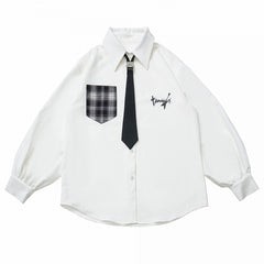 White Long Sleeve Shirt with Plaid Patch Pocket & Utility Buckle Tie