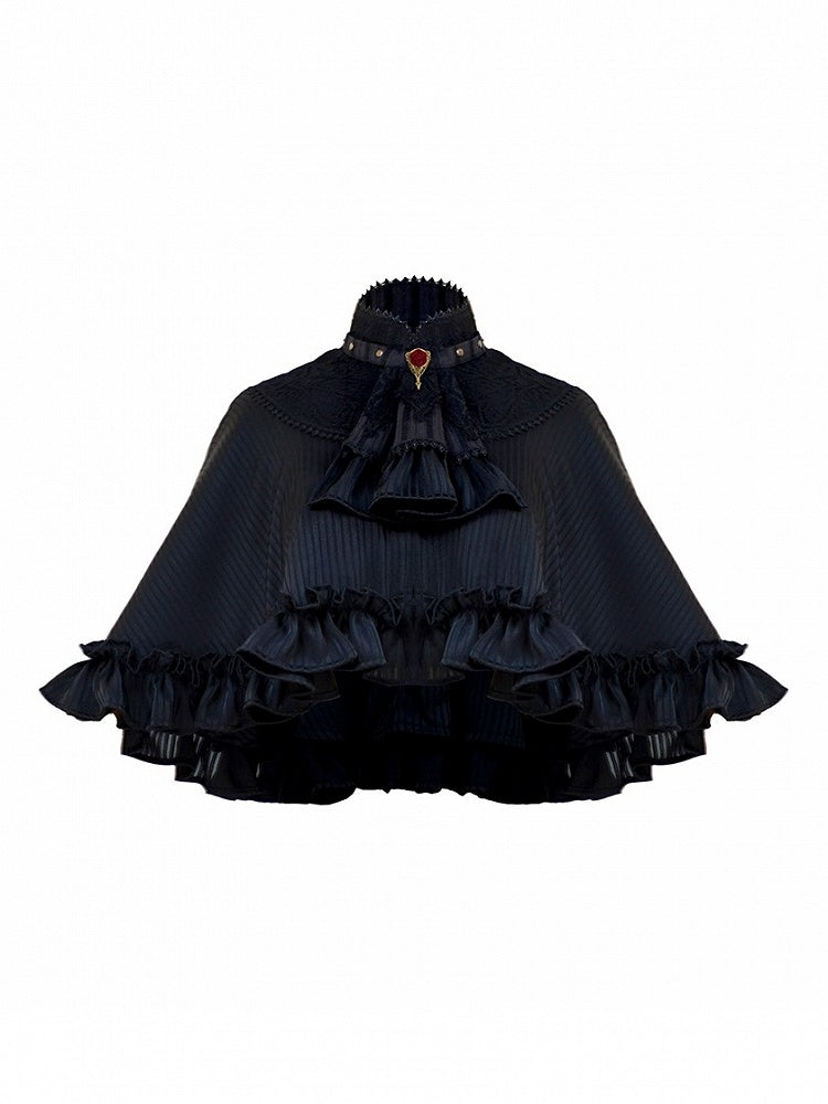 Gothic Black Striped Cape With Detachable Jabot Collar