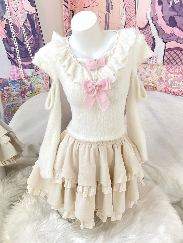 White Ruffle Neckline Cutout Sleeves Sweater with Tiered Skirt and Pink Bows Set
