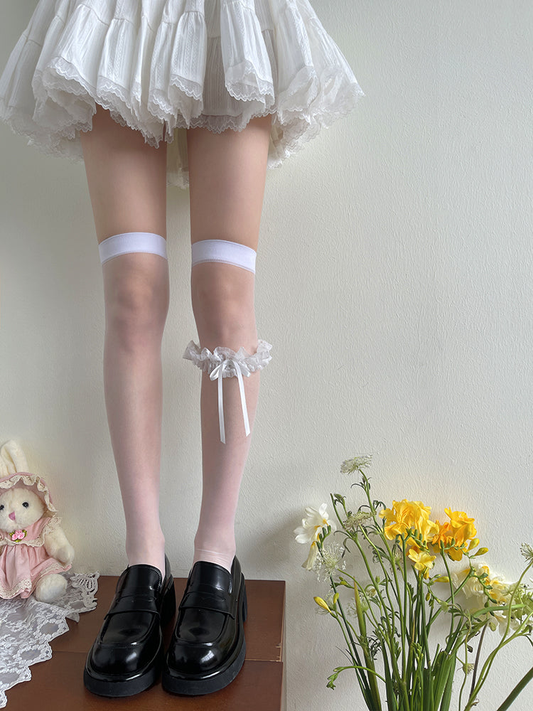 White Over Knee Stockings + White Ruffled Bow Leg Garter Set