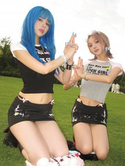 Y2K Gyaru Black Bodycon Skirt with Reflective Lining and Rhinestone Star Design