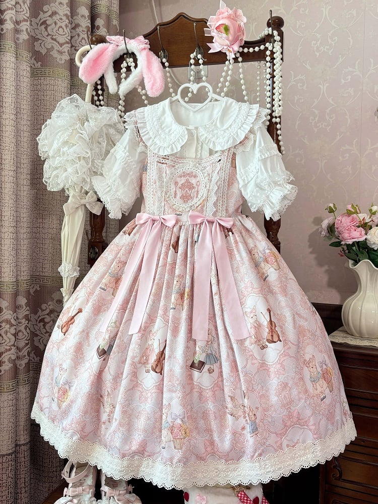 Bunny and Violin Print Pink High Waist Sweet Lolita JSK Dress