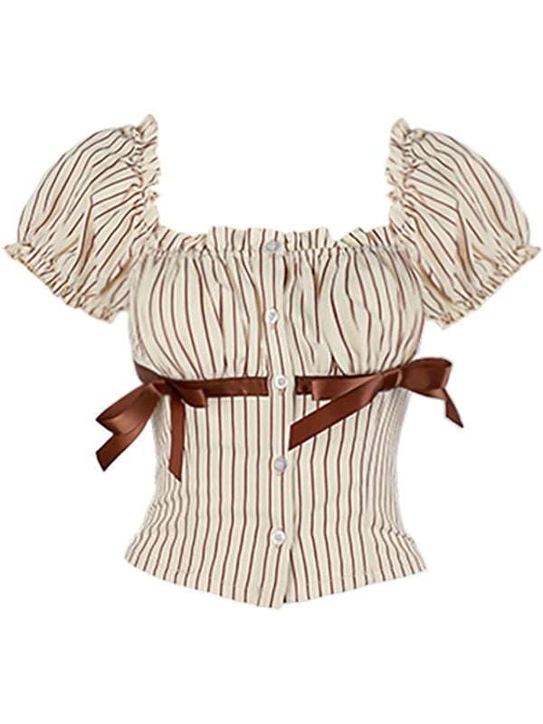 Bowknot Details Brown Striped Puff Sleeves Top
