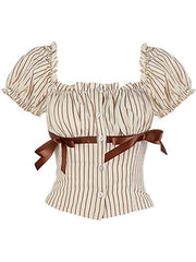 Bowknot Details Brown Striped Puff Sleeves Top