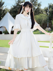 Preppy White Sailor Collar Midi Dress with Ruffle Trim