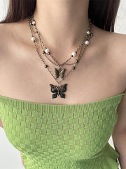 Y2K Multi-Layered Butterfly Pendant Beads Necklace