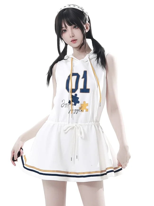 White Blokette Sleeveless Hoodie Dress with Drawstring Waist & Hood，Blue and Yellow Striped Hem