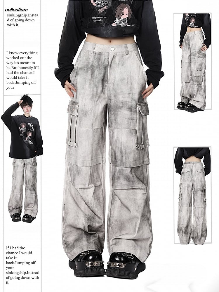 White & Gray Tie-Dye Cargo Wide-Leg Jeans with Utility Pockets