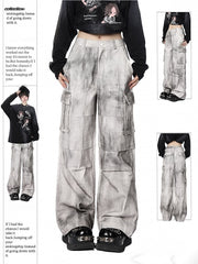 White & Gray Tie-Dye Cargo Wide-Leg Jeans with Utility Pockets