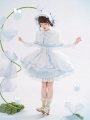 White & Blue Lace-Trimmed Sweet Lolita Dress with Petal-Edged Cuffs + Detachable Bunny Ears Cape Set