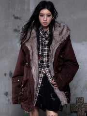 Heavy-Duty Dark Red Punk Fuzzy Hood Coat with 3D Pockets & Diagonal Straps