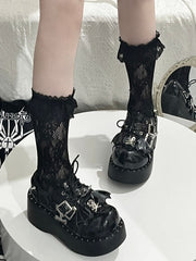 Y2K Black Punk Stud Buckle Strap Bat Wings Design Platform Shoes