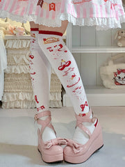 White/Mint Green Puppy Print Sweet Lolita  Over Knee Stockings