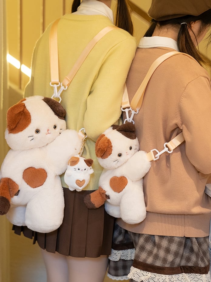 White Cute Kitty Heart Plush Backpack/Crossbody Bag + 3 Options Keychian Small/Middle/Large Size