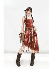 Wine Red Asymmetrical Hem Dragon Print Glamorous Spaghetti Strap Dress