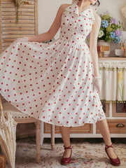 Retro Fashion Polka Dots Pattern Print Backless Dress Big Bow Back Halter Neck