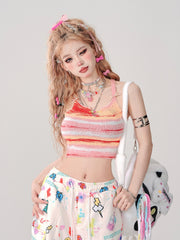 Rainbow Striped Camisole: Bow Tie Straps with Decorative Pin