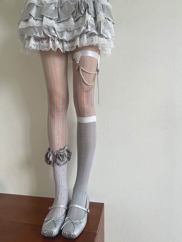 Gray Hollow-out Tights/Leg Loop with Beaded strands and Star-shaped Charms/Floral Trims Socks/Gray Semi-sheer Underknee Stockings