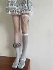 Gray Hollow-out Tights/Leg Loop with Beaded strands and Star-shaped Charms/Floral Trims Socks/Gray Semi-sheer Underknee Stockings