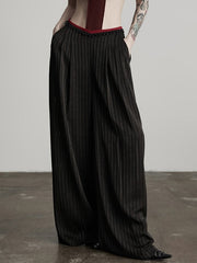 Urban Goth Black Vertical-Stripe Wide-Leg Pants with Waist Beaded Embellishment