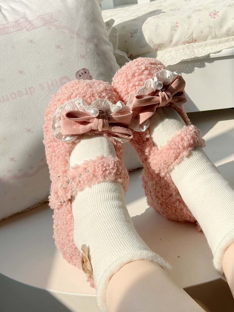 Pink Sweet Lolita Plush Mary Jane Shoes with Pom-Pom Tail Design & Bow Decor