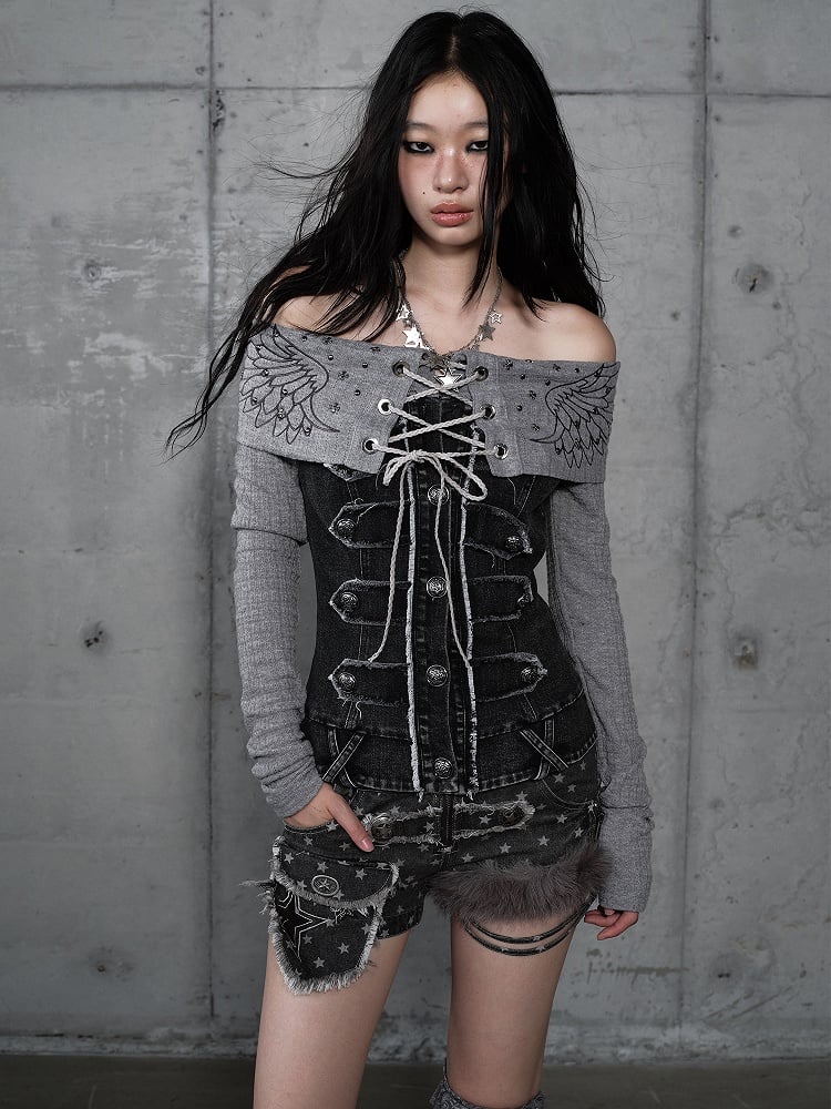 Vintage Grey Punk Knit Top with Denim Panels & Off-Shoulder Design