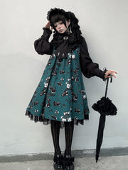 Cherry and Bunny Dolls Print Green & Black Dark Gothic Lolita OP Dress