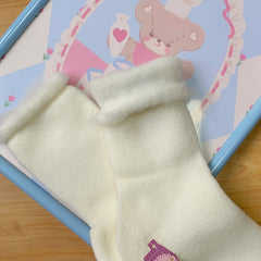 Winter Daily Kawaii White Cuffed Socks with Bear Decor
