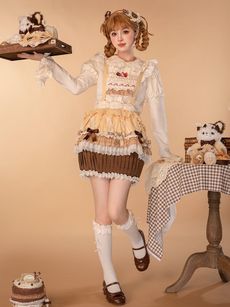 Yellow Sweet Strawberry Cake Embroidery Bodice Cupcake Hem  Lolita Overall Skirt