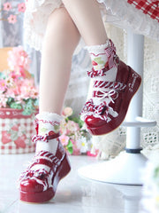 Wine Red Sweet Mary Janes for Lolita - Heart-shaped Fastener with Bowknot Details & Cat Print