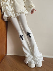White Gothic Lace Trim Flared Knitted Leg Warmerswith Cross Decoration