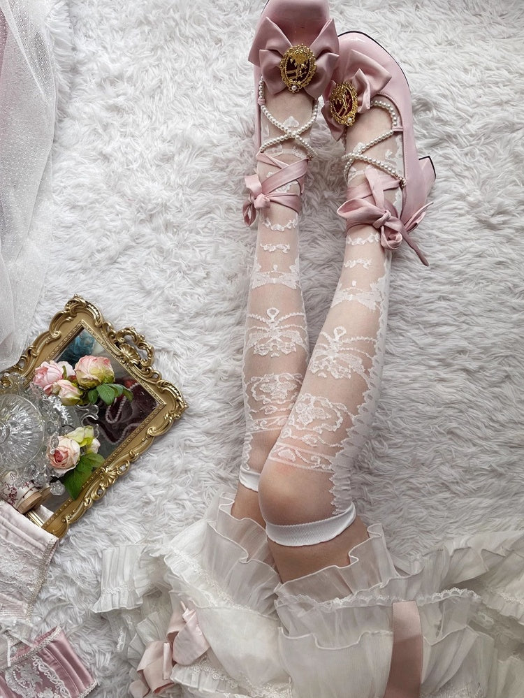 White Lolita Bowknot Pattern Sheer Stockings