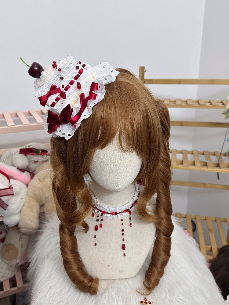 White Gothic Lolita Triangular Cake Mini Hat With Red Beads
