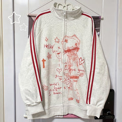 White & Red Striped Regular/Thicken Jacket with Cartoon Graphics