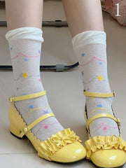 White/Beige Hollow-out Calf Socks With Star And Polka-dot Pattern