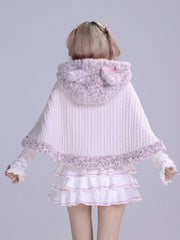Hime Gyaru Pink Cat Ear Hooded Knit Cape with Leopard Print Faux Fur Trim and Pom-Pom Accents
