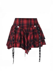 Y2K Red Plaid Mini Skirt - Tiered Skirt with Drooping Belt Accents