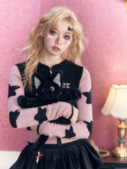 Stars Pattern Black and Pink Zip Closure Hooded Cardigan