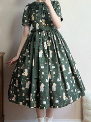 Short Version Dark Green Bear Print Short Sleeves Sweet Lolita Dress