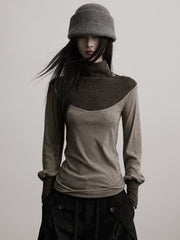 Urban Goth Brown & Gray Color-Block Design Long-Sleeve Top with Button Details
