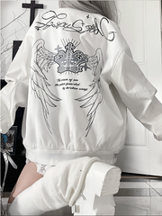 Vintage Gothic White Baseball Jacketwith Gray Crown+Wing Print&Striped Cuff